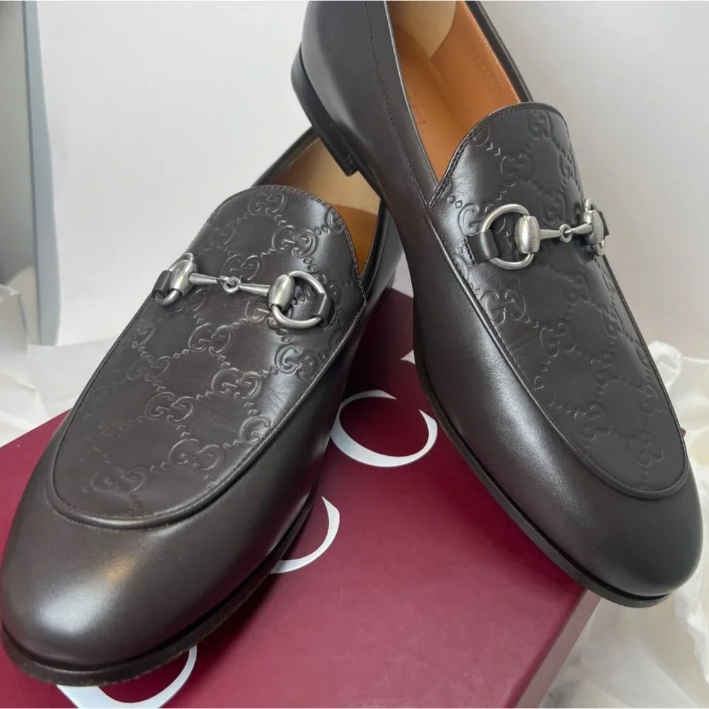 Gucci GG Debossed Leather Horsebit Loafers Men Size 9.5